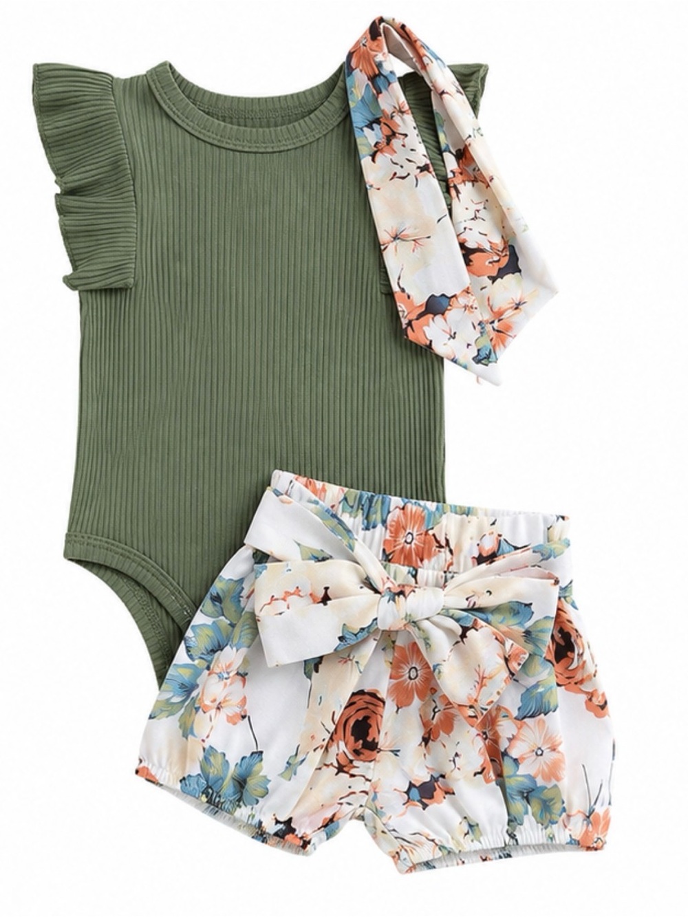 9-12mo Olive Green Ribbed Bodysuit & Floral Shorts Set with Headband